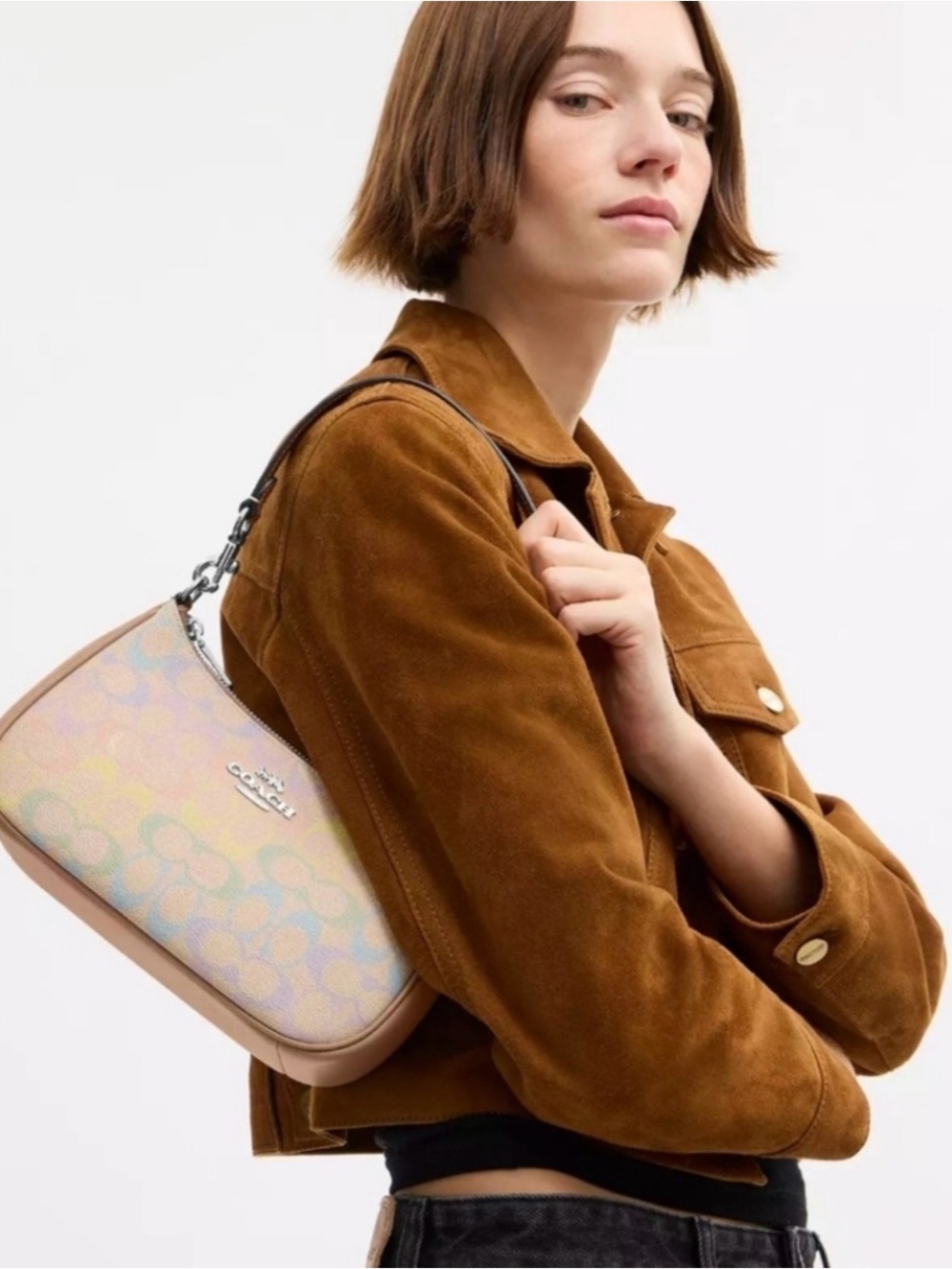 🌈Coach NWT Rainbow Pastel Print Teri Shoulder Bag/Tan Trim/Silver Hardware - Picture 3 of 11